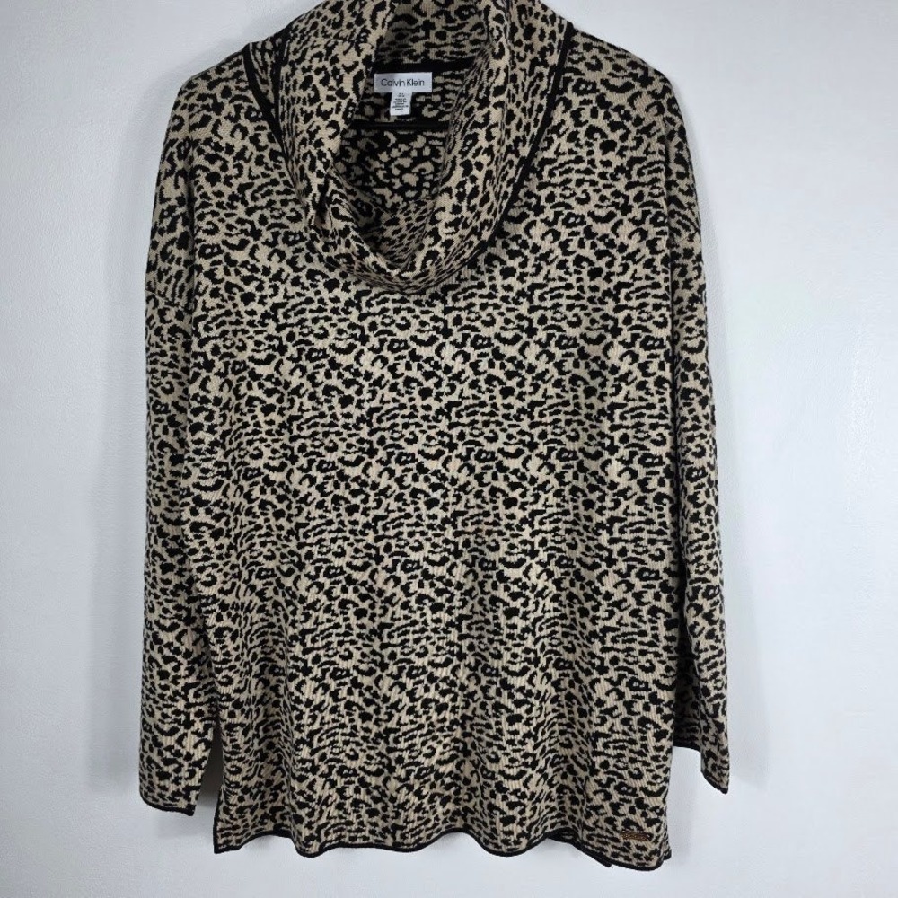Calvin Klein Sz L Women Cowl Neck Leopard Print Knit Sweater Tunic